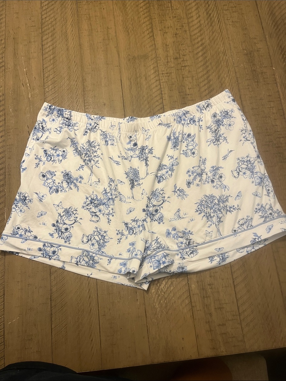 Women’s White Floral Cotton Lounge Shorts with Blue Print